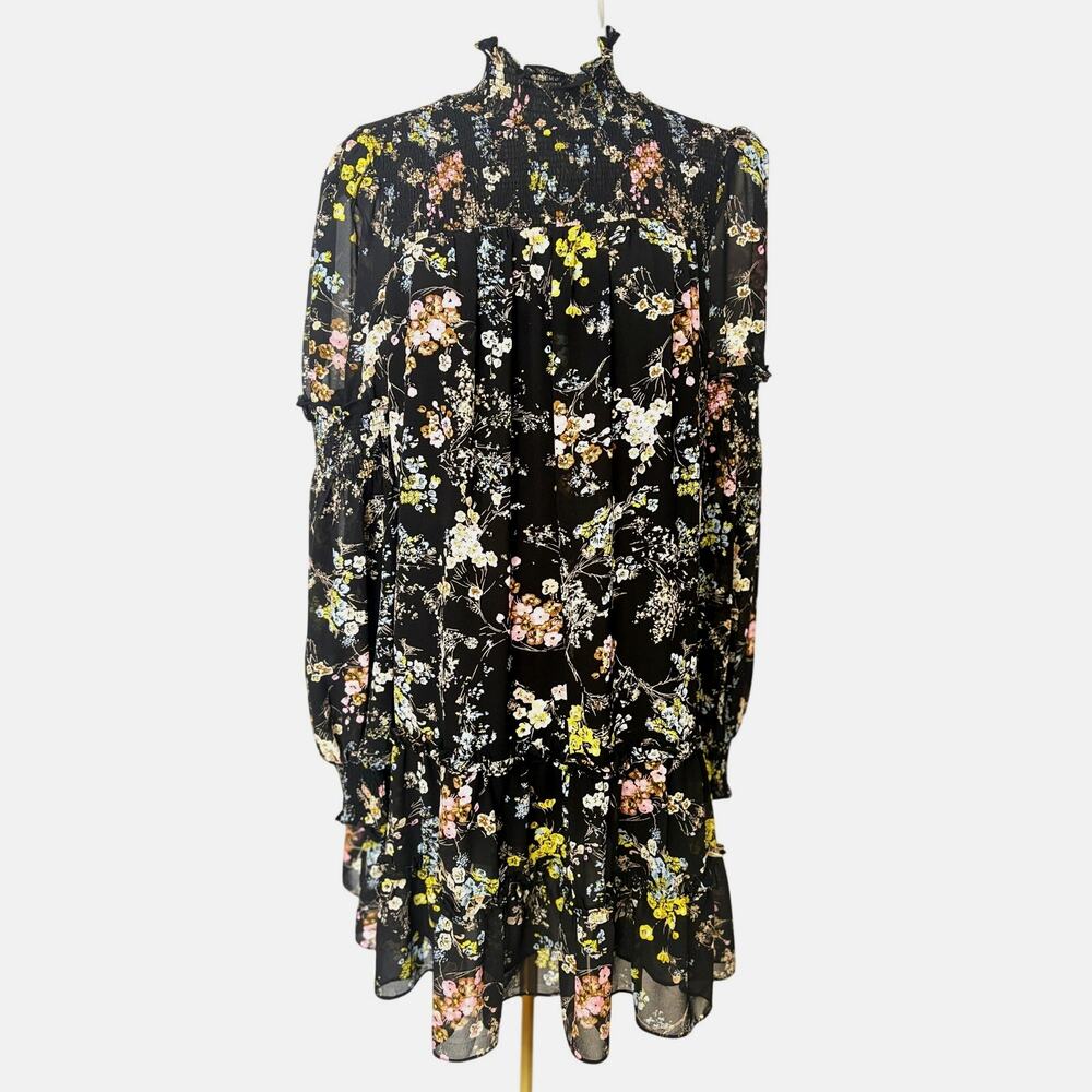 Cinq à Sept Black Floral Smocked Mini Dress Size 8 Romantic Ruffle Mock Neck - Picture 7 of 10